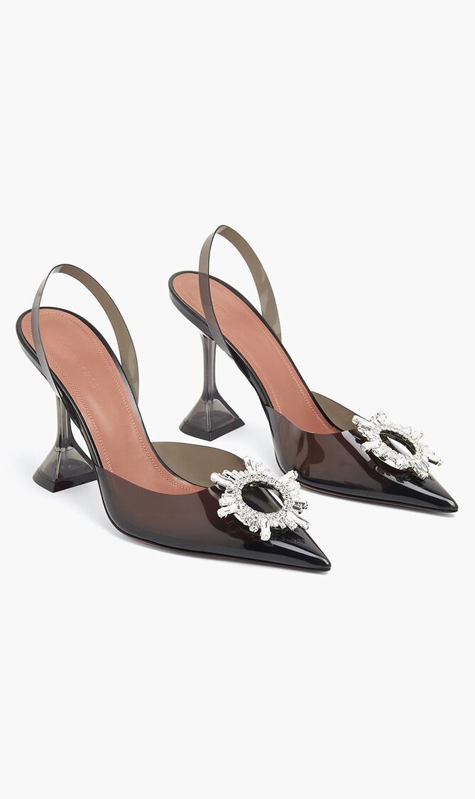 BEGUM GLASS SLING PRINTED PVC CAMO + BLACK DIAMOND CRYSTALS 95 MM CL PLEXI HEEL