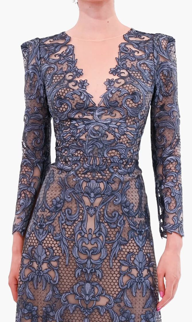 LONG SLEEVE EMBROIDERY ON TULLE GOWN WITH ILLUSION DEEP V NECKLINE