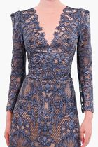 LONG SLEEVE EMBROIDERY ON TULLE GOWN WITH ILLUSION DEEP V NECKLINE