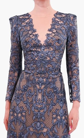 LONG SLEEVE EMBROIDERY ON TULLE GOWN WITH ILLUSION DEEP V NECKLINE