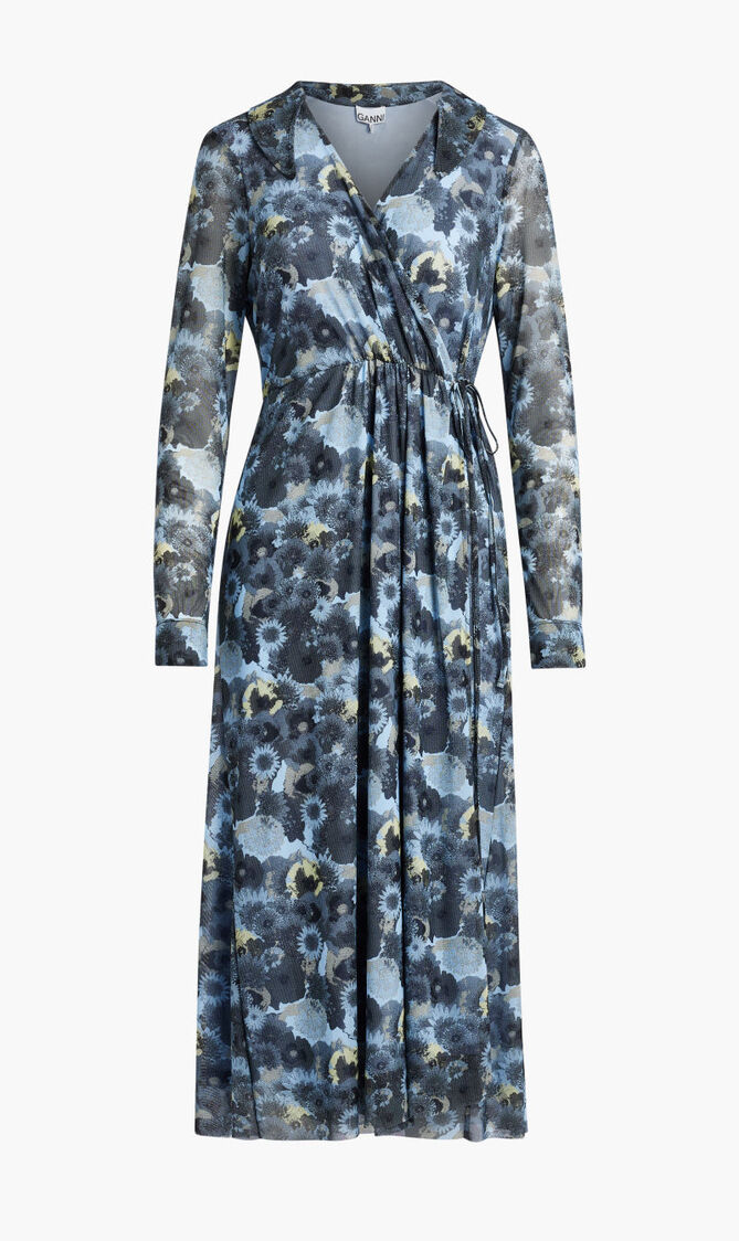 PRINTED MESH WRAP DRESS