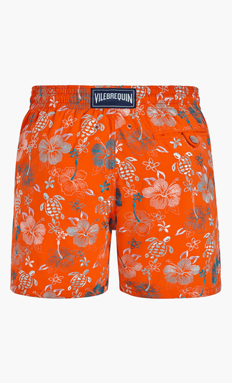 Embroidered Tropical Turtles Swim Shorts