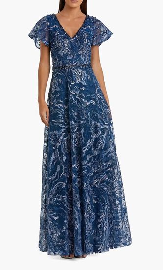 Embellished Illusion Butterfly Sleeve Gown