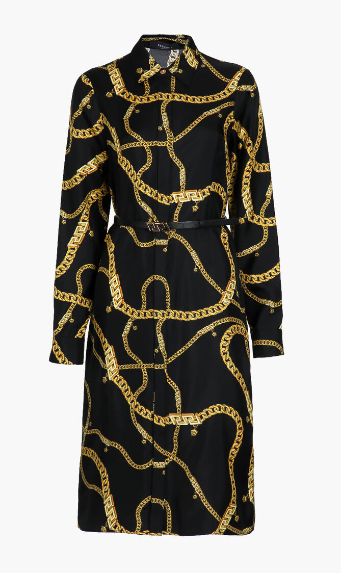 Greca Chain Belted Midi Shirt Dress