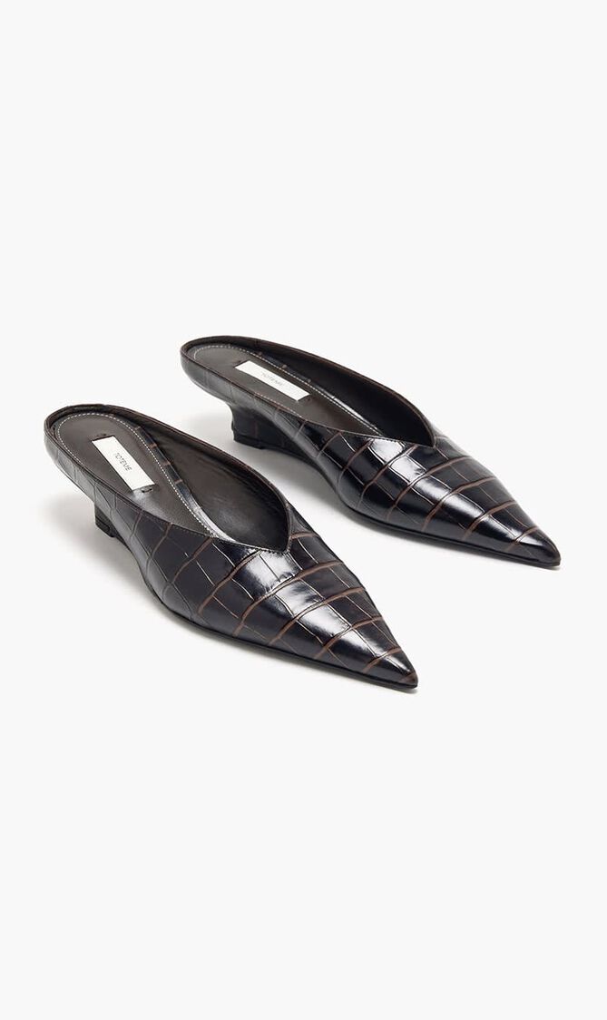 SHARP CROCO-EMBOSSED WEDGE MULES
