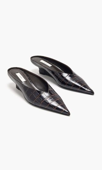 SHARP CROCO-EMBOSSED WEDGE MULES