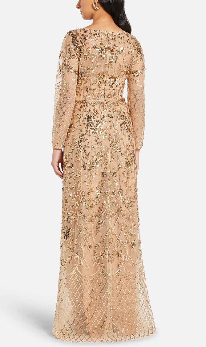 SEQUIN LATTICE LONG SLEEVE COLUMN GOWN