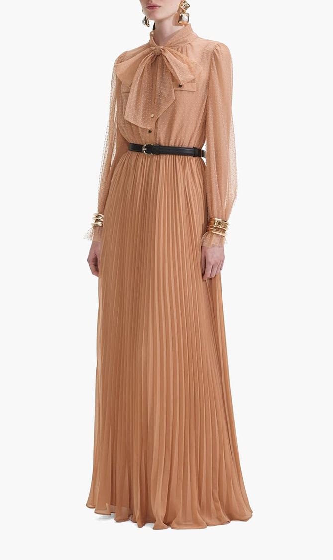 TAN DOT MESH MAXI DRESS
