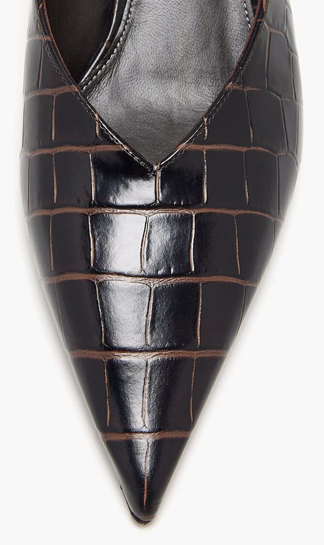 SHARP CROCO-EMBOSSED WEDGE MULES
