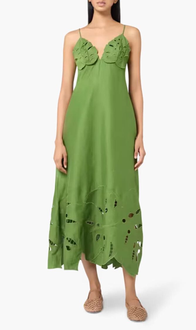 GREEN MONSTERA EMBROIDERY MIDI DRESS