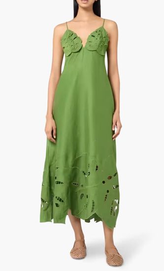 GREEN MONSTERA EMBROIDERY MIDI DRESS