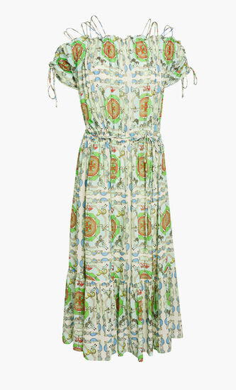 PRINTED SILK OFF SHOULDER DRESS