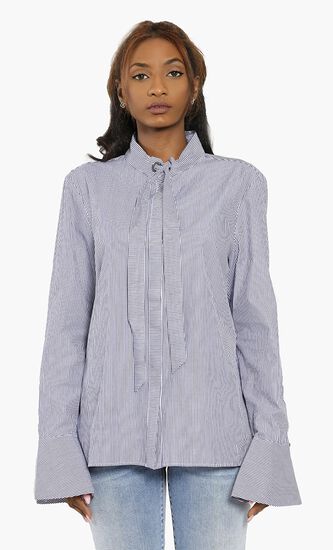 Stripes Flared Cuff Pussycat Bow Blouse