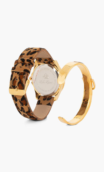 Leopard Print Analog Watch and Bangle Set