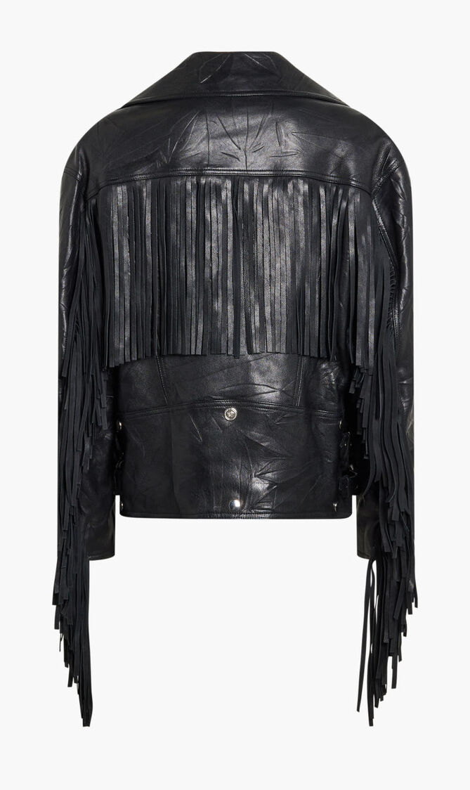 BLOUSON LEATHER LEATHER WITH FRINGED DETAILS + CRUSCHED EFFECT