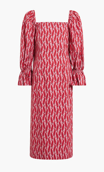 LONG RED DRESS WITH DARK RED FEATHER MOTIF. PUFFED MID-LENGHT SLEEVES AND SQUARE COLLAR.
