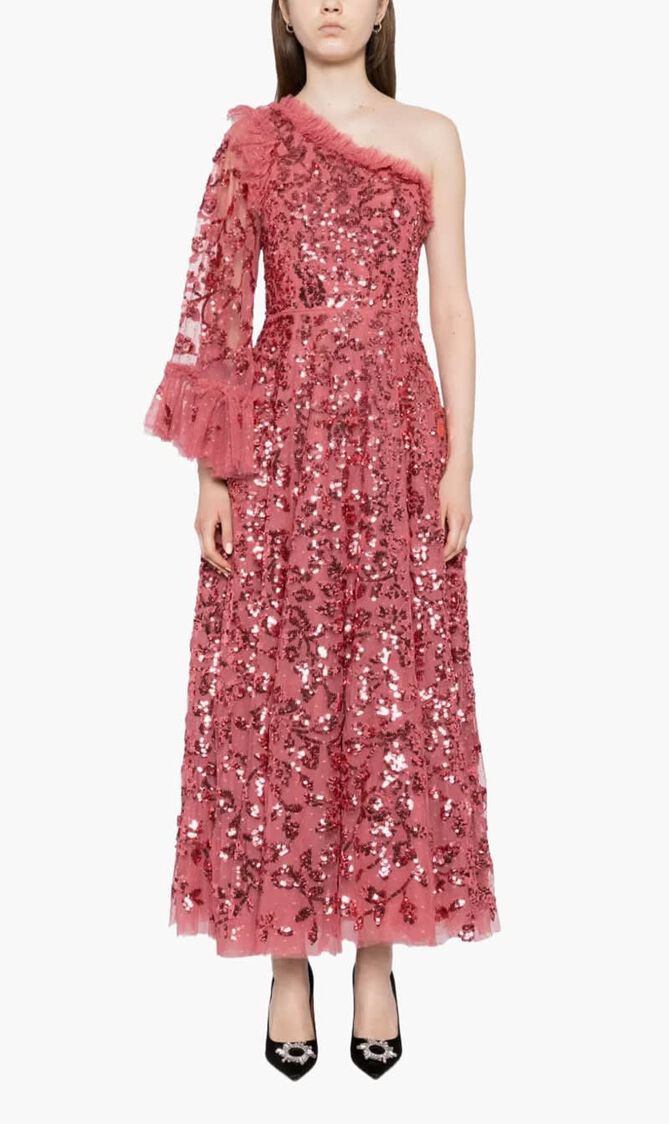 Falling Leaves One Shoulder Ankle Gown