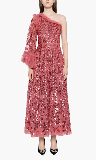 Falling Leaves One Shoulder Ankle Gown