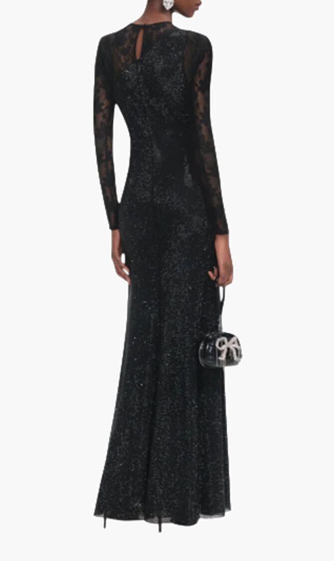 BLACK RHINESTONE LACE SLEEVES MAXI DRESS