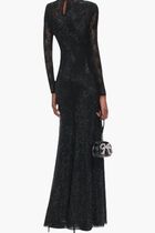 BLACK RHINESTONE LACE SLEEVES MAXI DRESS