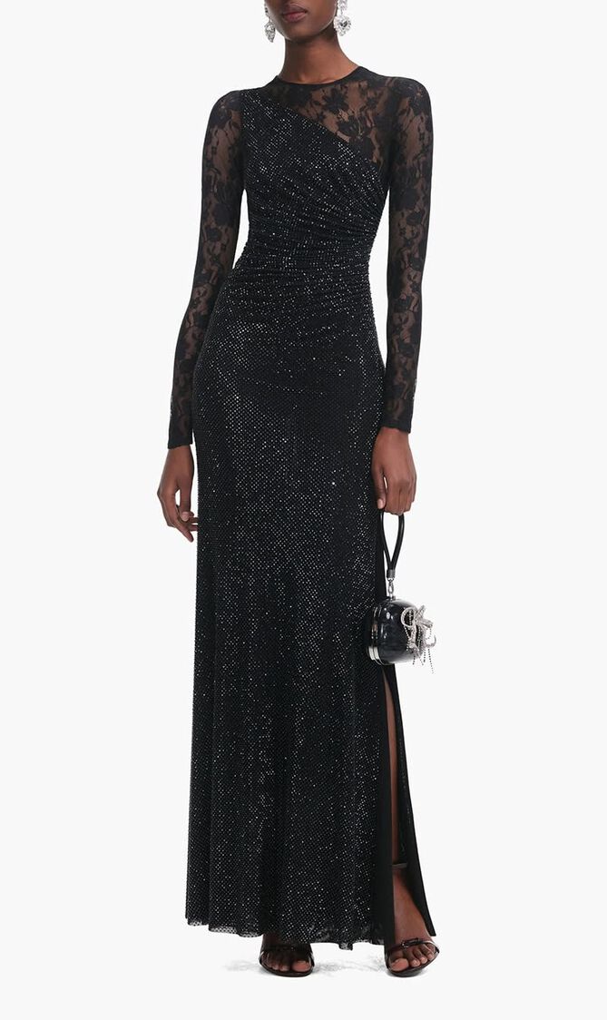 BLACK RHINESTONE LACE SLEEVES MAXI DRESS