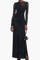 BLACK RHINESTONE LACE SLEEVES MAXI DRESS