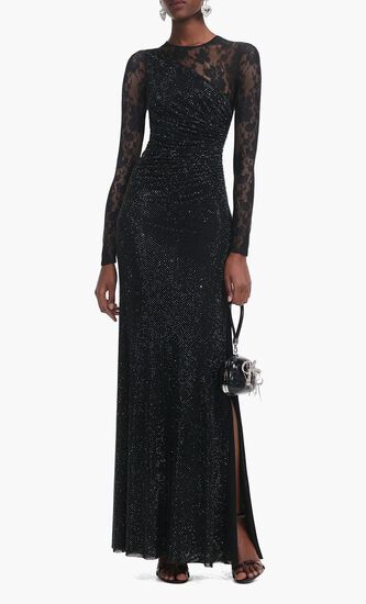 BLACK RHINESTONE LACE SLEEVES MAXI DRESS