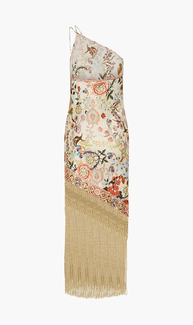 One Shoulder Dress with Fringe Hem