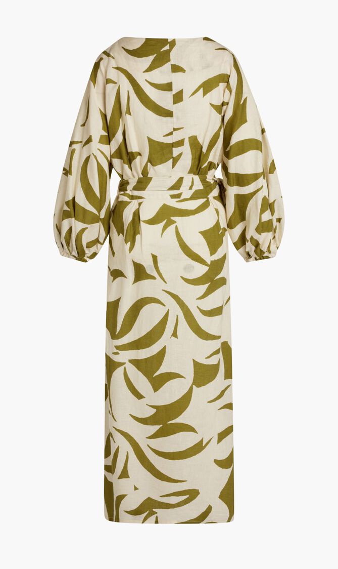 LAVANDA DRESS-BELTED V-NECK DRESS WITH PUFF SLEEVES