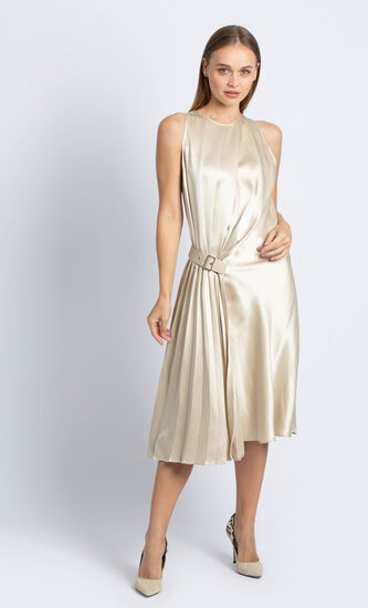 Pleated Belted Shift Dress