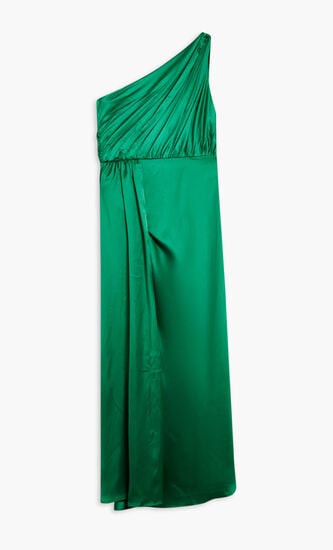 GATHERED ONE SHOULDER SATIN FAUX WRAP GOWN