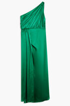 GATHERED ONE SHOULDER SATIN FAUX WRAP GOWN GATHERED ONE SHOULDER SATIN FAUX WRAP GOWN