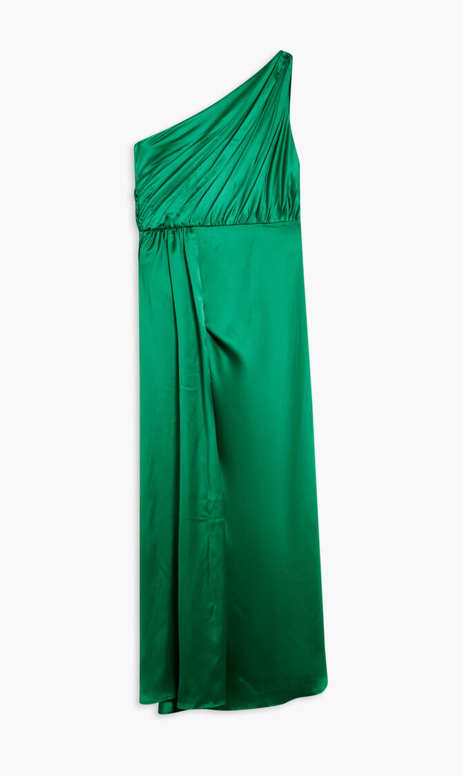 GATHERED ONE SHOULDER SATIN FAUX WRAP GOWN GATHERED ONE SHOULDER SATIN FAUX WRAP GOWN