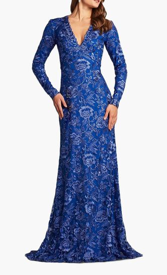 Embroidered Lace V-Neck Long Sleeve A-Line Gown
