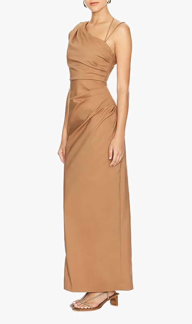 LANI ASYMMETRICAL GATHERED MAXI DRESS- CINNAMON