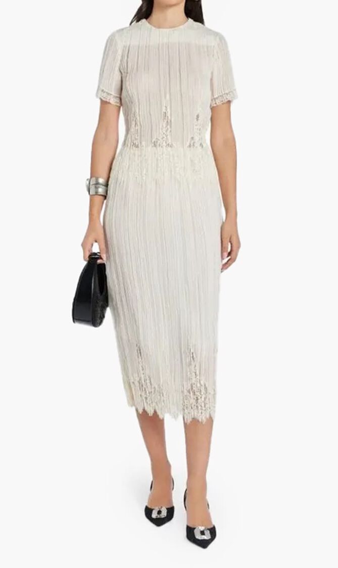 Lace Panel Pleated Midi Skirt