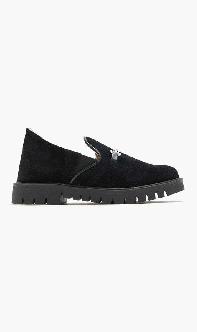 METALLIC BUCKLE EMBELLISHED SUEDE LEATHER LOAFERS
