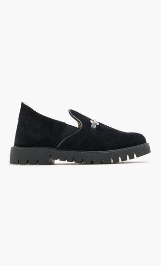 METALLIC BUCKLE EMBELLISHED SUEDE LEATHER LOAFERS