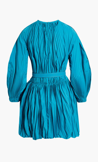 Pleated Blouson Sleeve Balloon Mini Dress With Belt