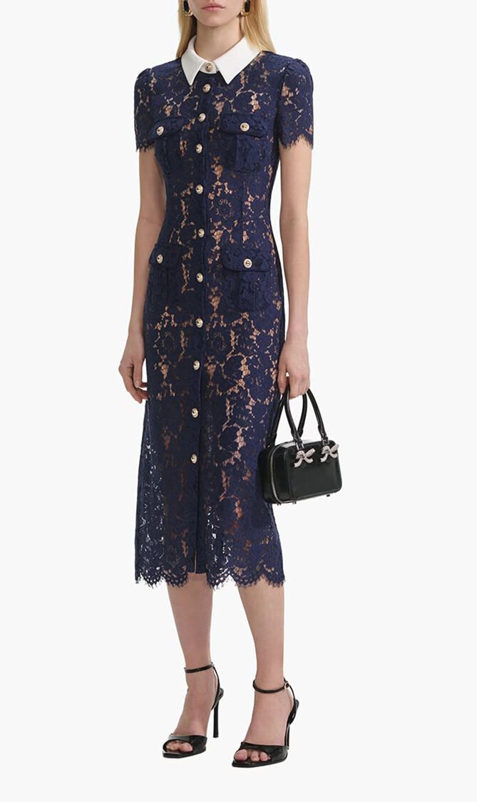 NAVY LACE CONTRAST COLLAR MIDI DRESS