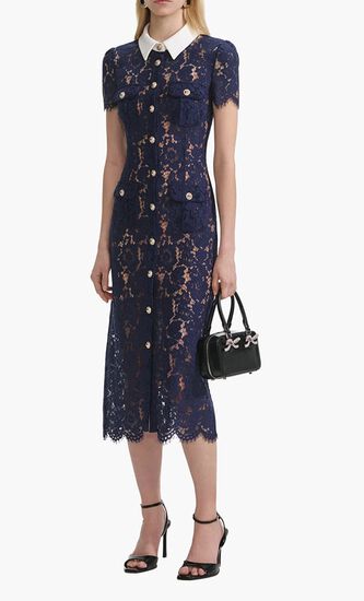 NAVY LACE CONTRAST COLLAR MIDI DRESS