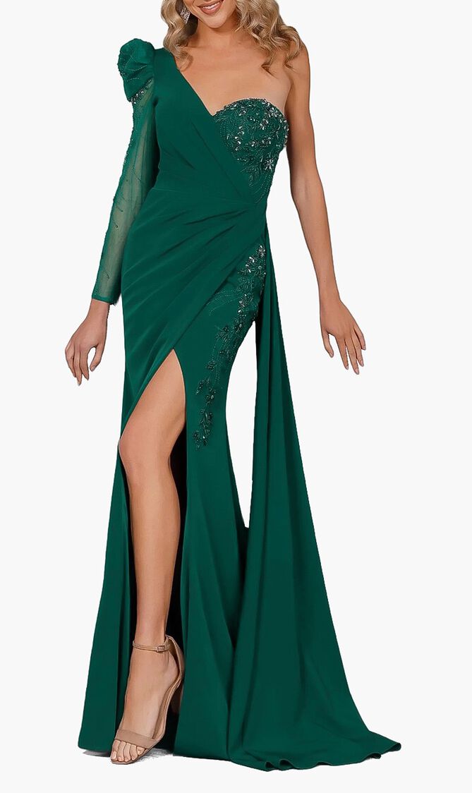 One Shoulder Beaded Sleeves Dress