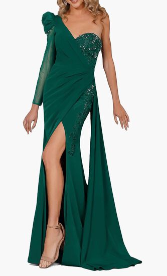 One Shoulder Beaded Sleeves Dress