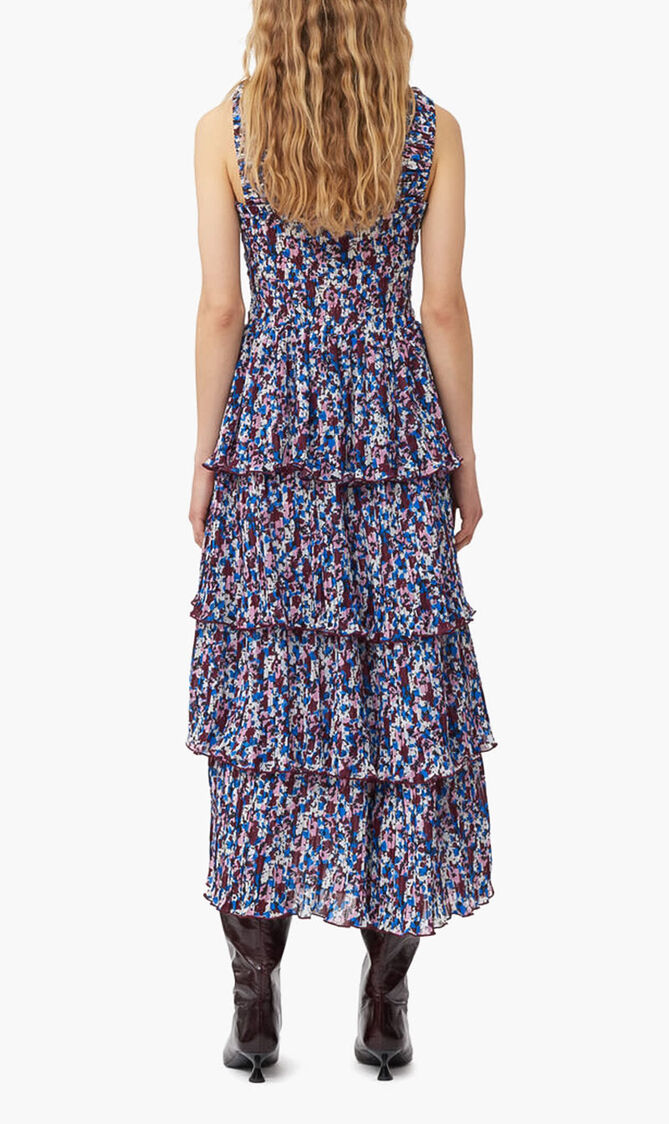PLEATED GEORGETTE FLOUNCE SMOCK MIDI DRESS