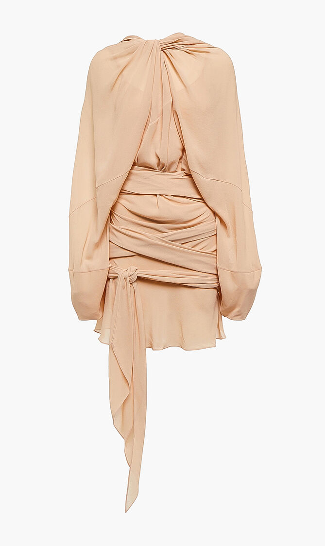 Draped long-sleeved silk dress