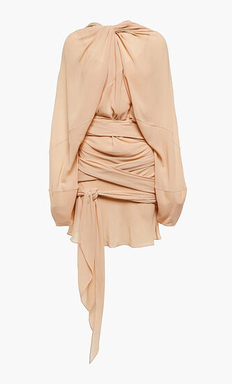 Draped long-sleeved silk dress