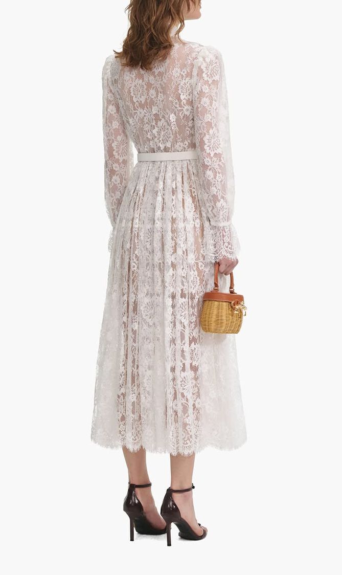 WHITE LACE PUSSY BOW MIDI DRESS