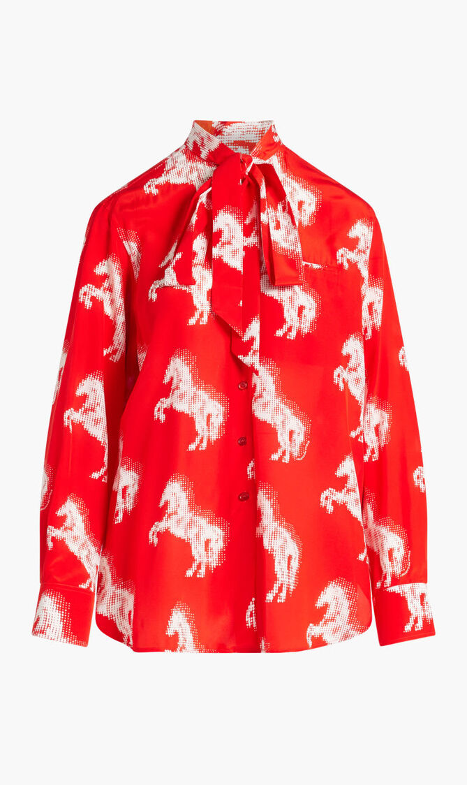 Horse Print Bow Collar Silk Blouse