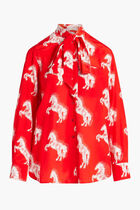 Horse Print Bow Collar Silk Blouse