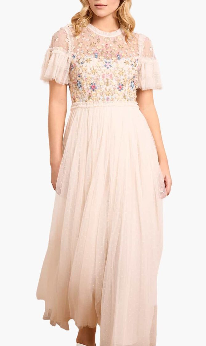Flowerbed Embroidery Bodice Round Neck Ankle Gown